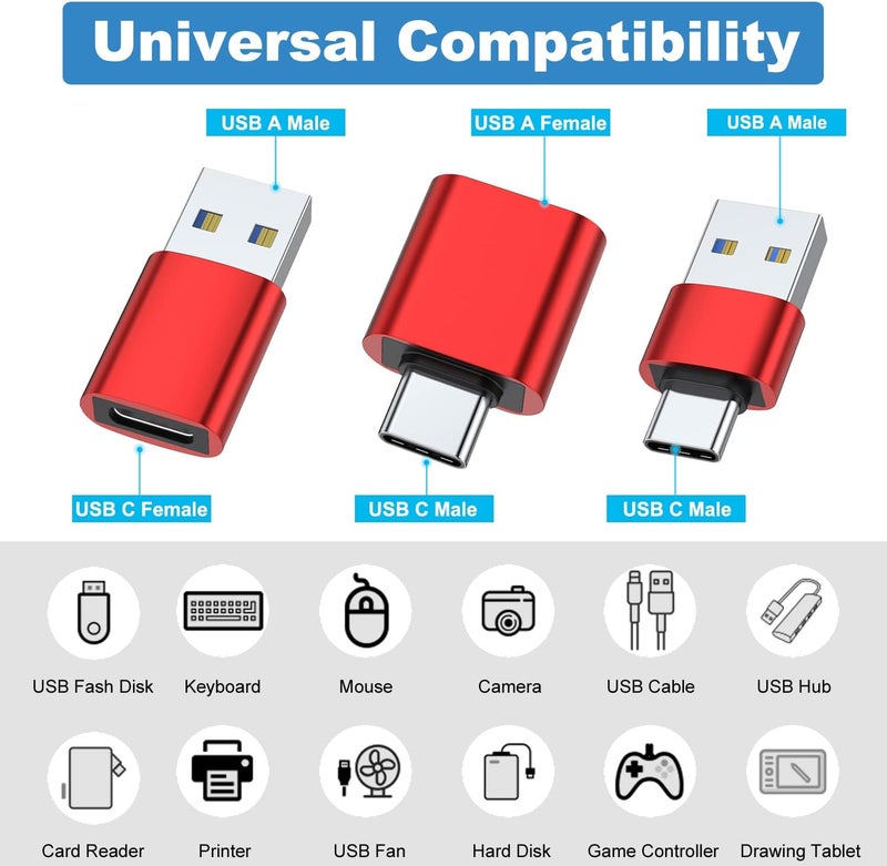 AreMe USB C Adapter (6 Pack), USB A Male to USB C Male Adapter, USB 3.0 to Type-C Converter Connector (Red) - Image 2